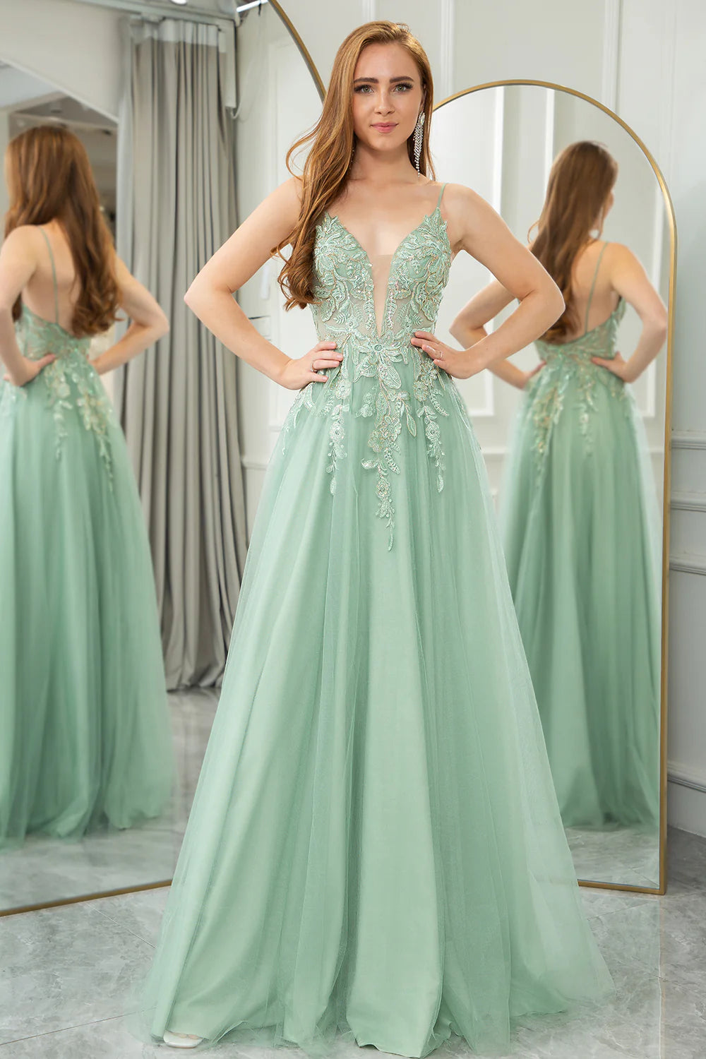 Green A Line Tulle Long Prom Dress With Appliques